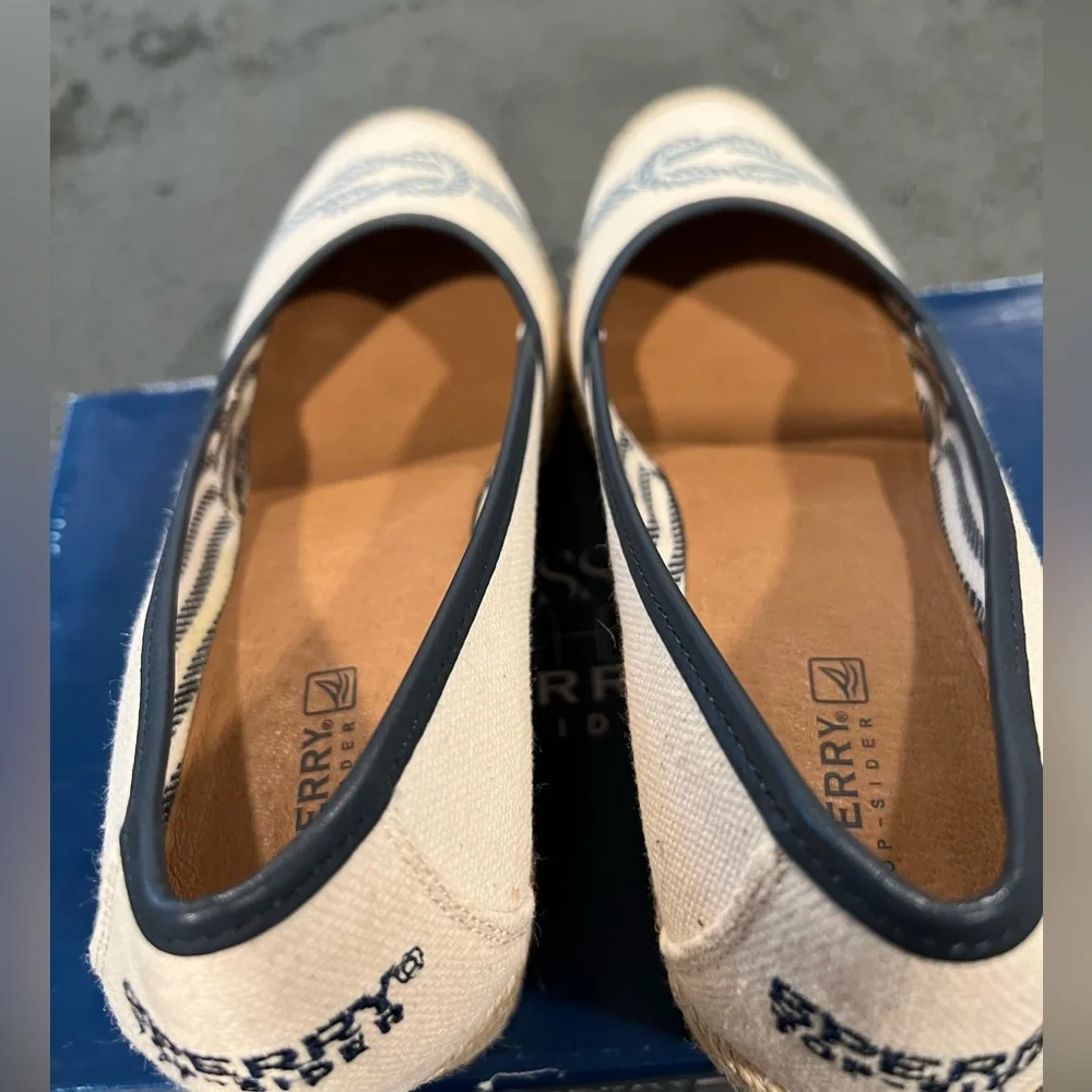 Sperry Cream Canvas Wedge Espadrilles with Navy Rope Detail